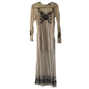 Long sleeve Lace dress bohemian wedding style cream black flowers Sz Lg